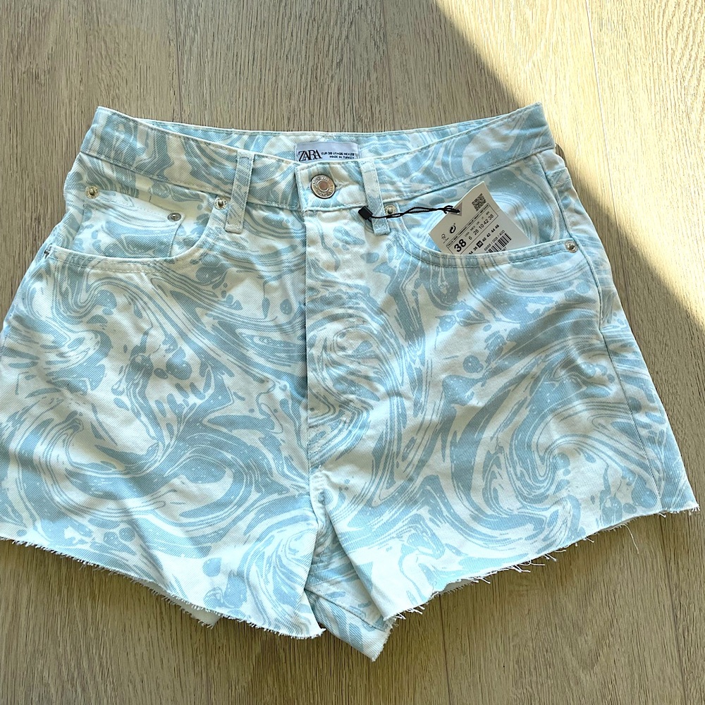 Y2K Blue White Patterned Denim Shorts Zara
